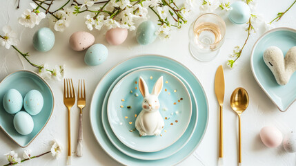 Aesthetically decorated table with easter bunnies, eggs, gold cutlery. Festive Easter concept. Top view. Generative AI
