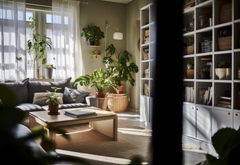 Fototapeta premium Wooden coffee table with grey sofa and houseplant. Sunny living room