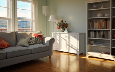 Sunny living room with sofa. Modern interior. Copy space.