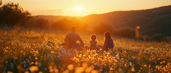 family picnic in a blooming meadow