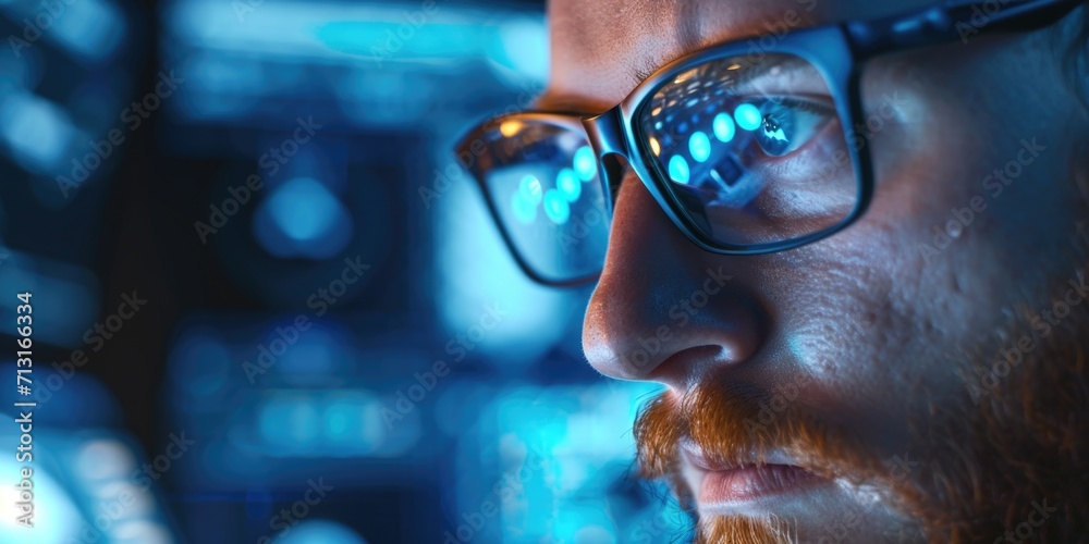 Aufkleber A detailed shot of a man with glasses and a beard. This image can be used in various contexts