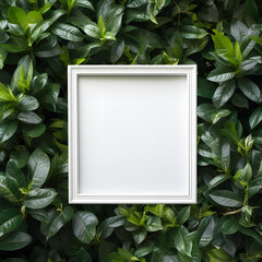 white frame in tropical leaves, empty frame surrounded by vegetation