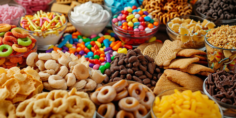various snacks and sweets on a sweet table with desserts, gummy worms and cereals