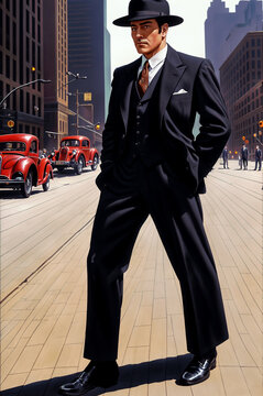A fashionable man in a hat and suit confidently crosses the street. Private detective or gangster in 1930s America. 