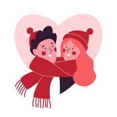 Couple in love in one shared scarf. Romantic on February 14. Valentine's day vector illustration