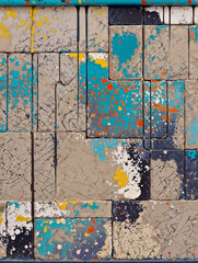 Decorative composition of concrete blocks and paint stains	
