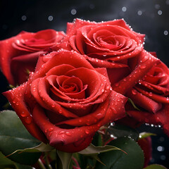 Red roses with water drops on black background. Valentine's Day.