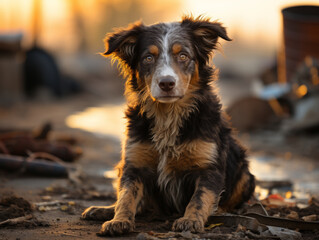 Close-up of young homeless Australian Shepherd puppy with muddy paws lying down. Rescue, care of...