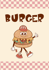 Retro groovy cartoon character Burger poster. Vintage mascot psychedelic smile. Retro colors. Flat style. Funky vector illustration