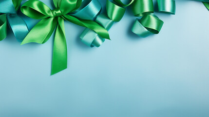 Stylish Blue and Green Christmas Decorations with Satin Ribbon on White Background - Festive Ornaments for Merry Holiday Celebrations and Seasonal Decor, Top View with Copy Space.