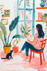 Relaxing scene: a woman seated, reading, with a cat beside her.