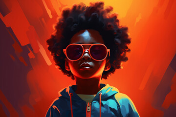 Cool African kid with sunglasses and trendy colorful clothes, illustration generated by AI - obrazy, fototapety, plakaty