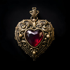 Vintage brooch with red heart on a black background. close up