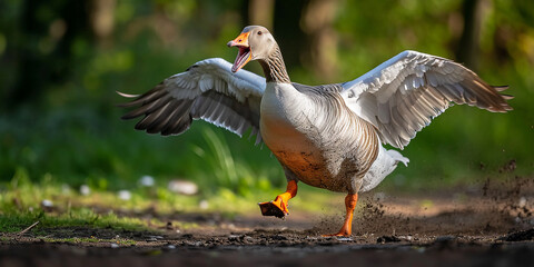 an angry goose runs with its wings spread, trying to bite