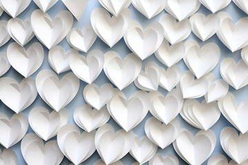 White paper hearts on a blue background. 3d render illustration.