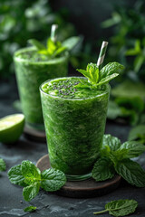 Green detox smoothie in glass jar from spinach, kiwi, lime, avocado on a dark stone table. Diet and vitamin healthy drink. - obrazy, fototapety, plakaty