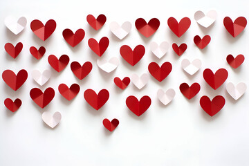Valentine's day background with red paper hearts on white background