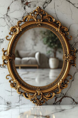 Old-fashioned oval gilt frame for a mirror on a white grey marble background.