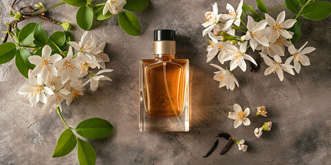 bottle of perfume next to jasmine, vanilla flowers - obrazy, fototapety, plakaty