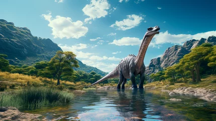 Lichtdoorlatende rolgordijnen zonder boren Aquablauw Majestic Prehistoric Brachiosaurus in Natural Habitat created with Generative AI technology