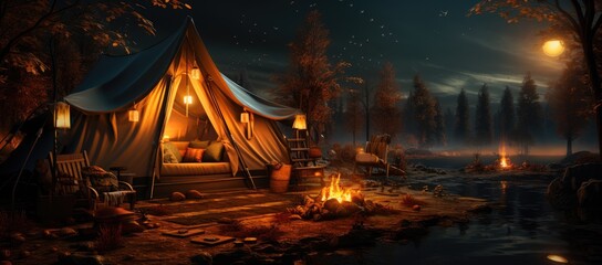 Amidst the frozen lake, a solitary tepee stands tall, its flickering fire providing warmth under the starry winter sky