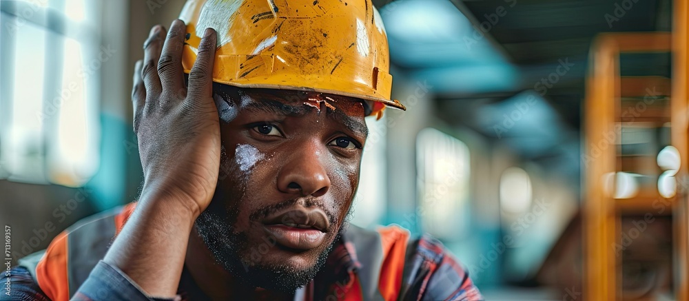 Wall mural african american male worker with right arm injury wears cast can t work has to take sick leave for 