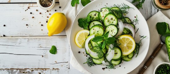Crunchy cucumber onion salad with fresh dill mint leaves with lemon on a white plate with a fork with ceramic shakers with salt pepper toothpicks on a white wooden table close up. Copy space image - obrazy, fototapety, plakaty