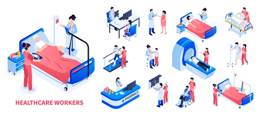 Health workers icons in isometric view - obrazy, fototapety, plakaty