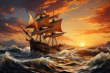 A majestic ship sails through the ocean at sunset, its mast reaching towards the sky as it transports passengers on a breathtaking journey
