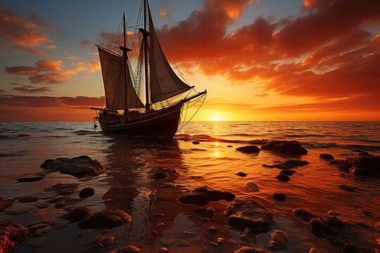 As the sun sets over the vast ocean, a majestic sailboat glides through the water, its billowing sails catching the gentle breeze and carrying its passengers on a peaceful journey through the picture