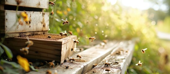 Hives in an apiary with bees flying to the landing boards in a green garden. Copy space image. Place for adding text