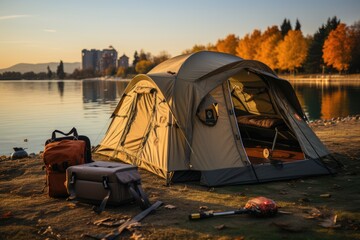 As the fiery sunset cast a warm glow over the tranquil lake, a lone tent stood among the trees, its tarpaulin flapping in the gentle breeze as its occupants rested after a long day of hiking and camp