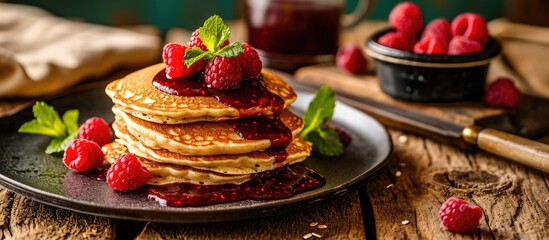 Whole wheat oatmeal pancakes with boysenberry sauce topped with red raspberries and a mint sprig...