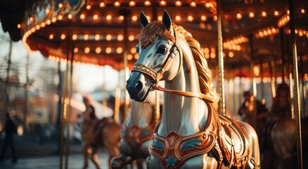 A majestic horse gracefully gallops on a vibrant carousel, surrounded by the thrilling atmosphere of an amusement park ride - obrazy, fototapety, plakaty