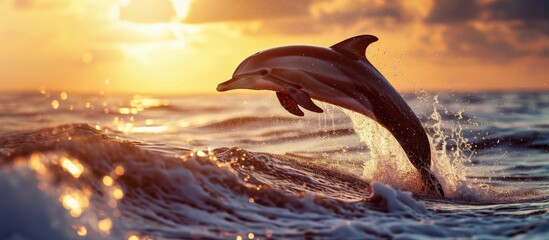 beautiful dolphin jumped from the ocean at the sunset time. Copy space image. Place for adding text - obrazy, fototapety, plakaty