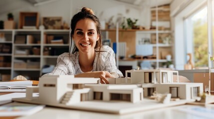 A happy young architect woman working on a house model in white office in morning