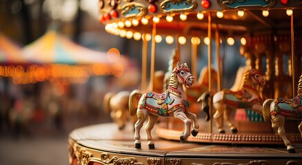 An enchanting outdoor amusement ride, the carousel spins gracefully with majestic horses, transporting riders to a whimsical world of childhood wonder