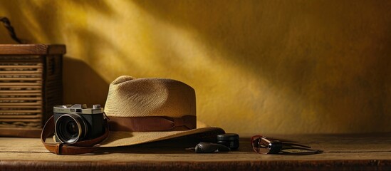 Indiana Fedora hat whip and antique artifacts. Copy space image. Place for adding text