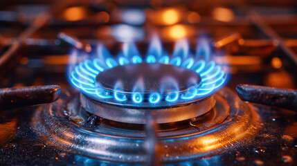 Intense Blue Gas Flame on Stove Burner