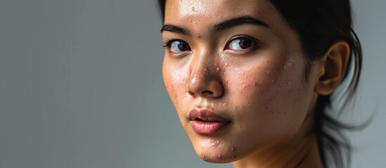 Itchy and allergic skin problems dermatitis on young Asian Thai woman face. Copy space image. Place for adding text - obrazy, fototapety, plakaty