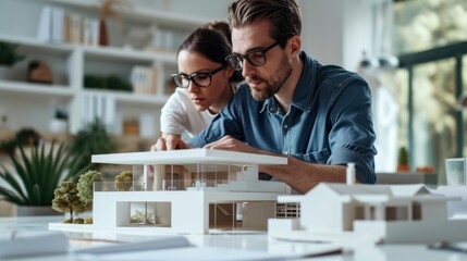A young architect check and working on a house model in white office with colleague