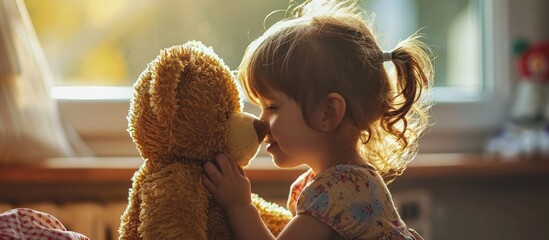 Adorable little girl enjoying her childhood at home with her favourite toy a cute teddy bear She touches noses with the stuffed animal enjoying her leisure time and the innocence of childhood - obrazy, fototapety, plakaty