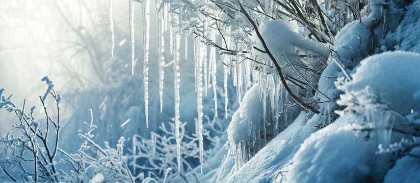 Icicles commonly seen in winter in Hokkaido. Copy space image. Place for adding text