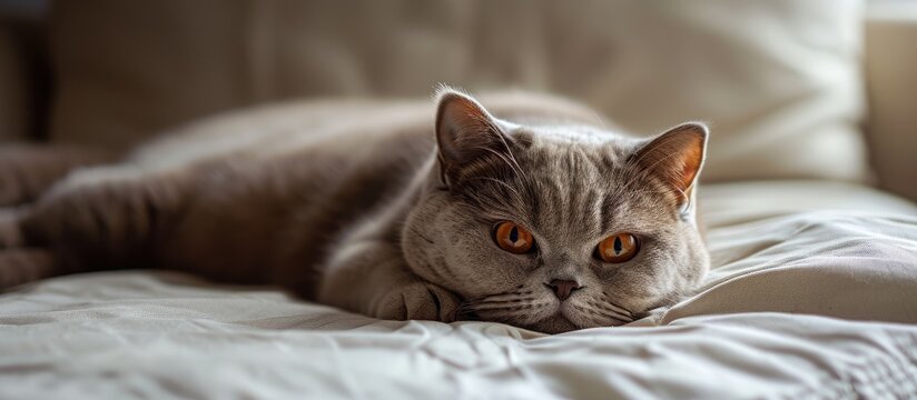 Cute British Shorthair cat lies down on a white couch and looks away with a sad face in a house in Edinburgh Scotland United Kingdom. Copy space image. Place for adding text