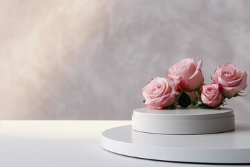 Empty wide white podium and pink roses on light grey background. Minimal cosmetic template. Round showcase for product marketing. Abstract display or stage. Spa and beauty concept. Still life