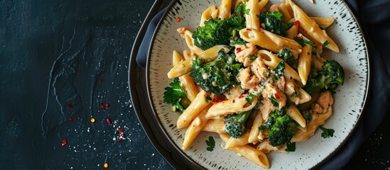 Homemade Penne Alfredo Pasta with Chicken and Broccoli on a Plate top view Flat lay overhead from above. Copy space image. Place for adding text - obrazy, fototapety, plakaty