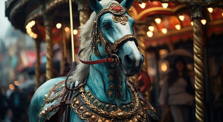 Fototapeta na wymiar Experience the whimsical beauty of a majestic blue horse adorned with glimmering gold details, as it stands proudly in an outdoor carousel ride