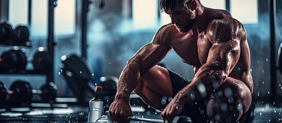 Man exercise workout in gym fitness breaking and resting after training sport with dumbbells and water bottle healthy lifestyle bodybuilding. Copy space image. Place for adding text