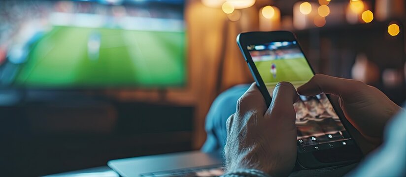 Close up cropped shot of male hand holding smartphone Man watching soccer play live broadcast online on his laptop and making bets on his favourite team using mobile application. Copy space image