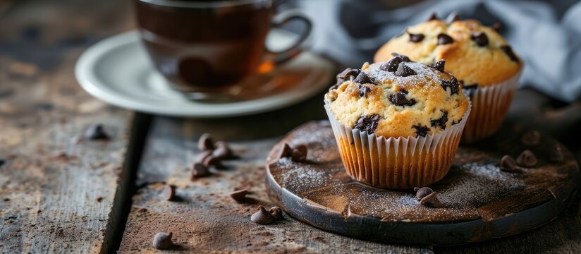 Selwctive focus chocolate muffin with choco chip served with a cup of tea. Copy space image. Place for adding text